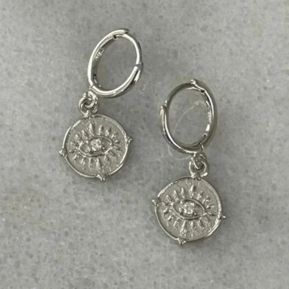 Sterling Silver Evil Eye Coin Crystal Earrings Brand New - Picture 4 of 4
